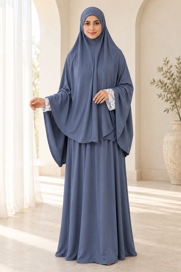 Women’s Two-Piece Prayer Set with Short Khimar and Elastic Waist Skirt