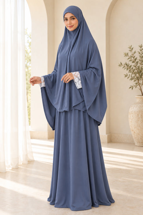 Women’s Two-Piece Prayer Set with Short Khimar and Elastic Waist Skirt