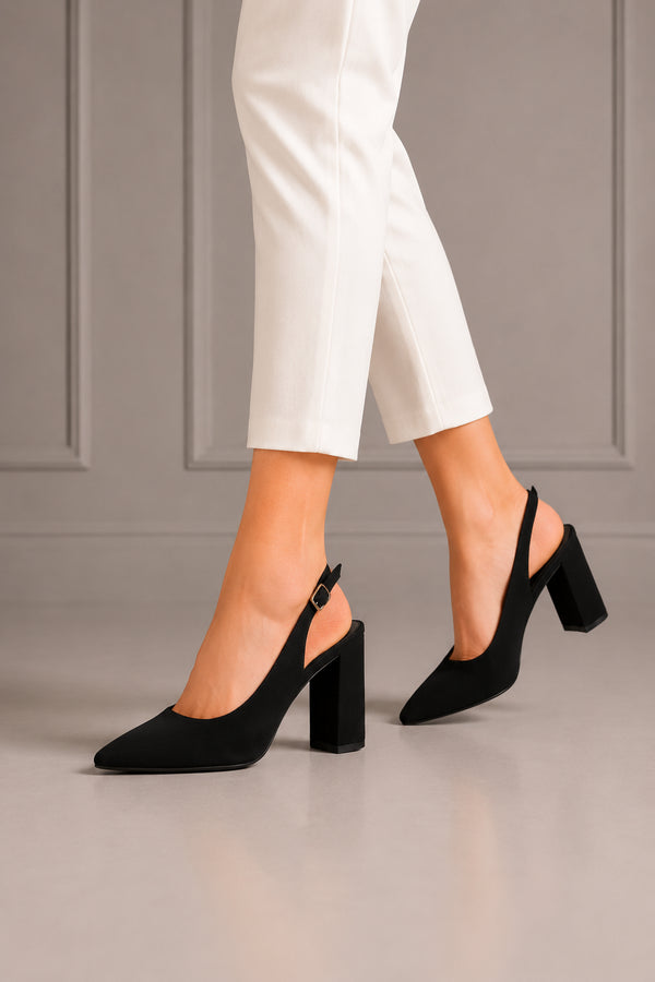 Women's Black Block Heel Slingback Court Shoes G-285-3