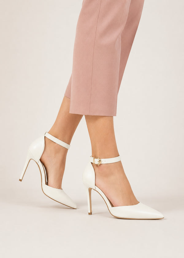Women's White Matte Ankle Strap Stiletto Court Shoes Pointed Toe 221