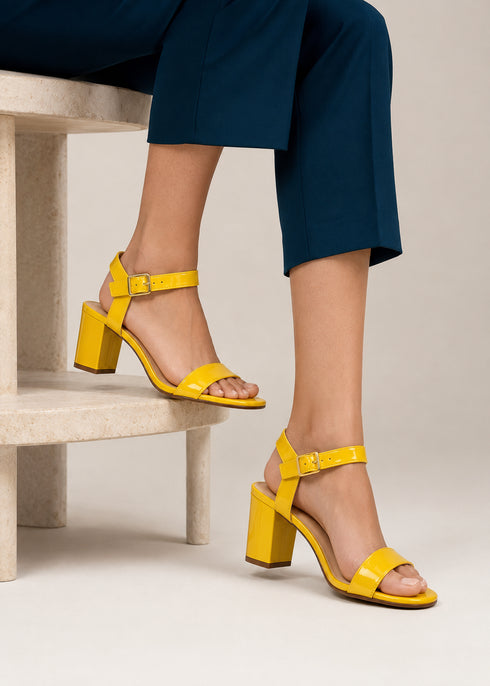 Women's Yellow Patent Ankle Strap Block Heel Sandals Buckle Round Toe 1840