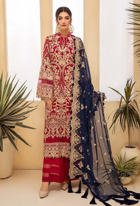 Adan Libas Embroidered Chiffon 3 Piece Suit Red Galore