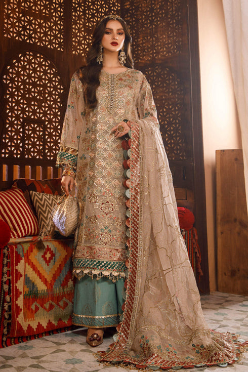 Maria B Embroidered Zari 3 Piece Suit  Off White with Sea Green BD-2507