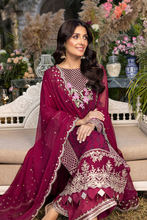 Azure Embroidered Chiffon 3 piece suit Carmine