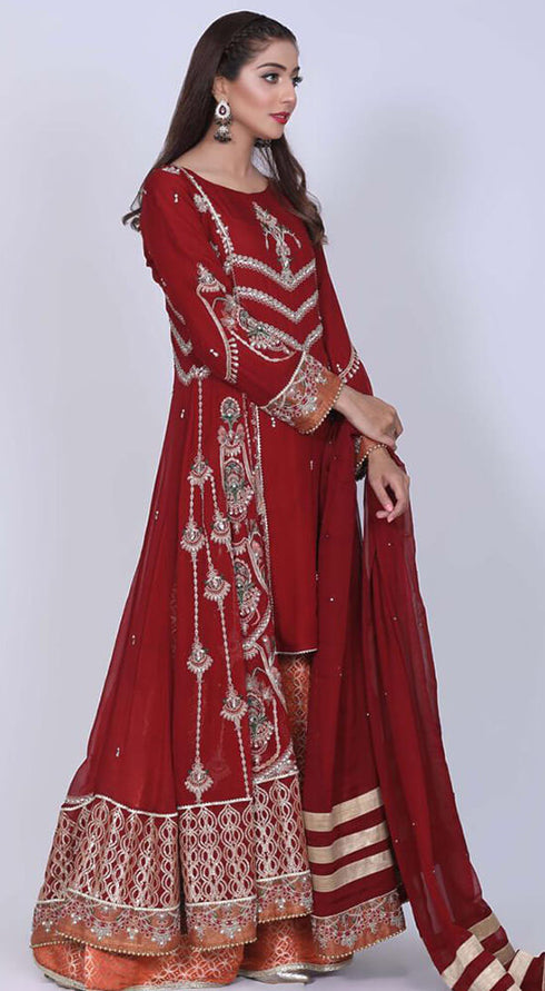 Rafia Rosy Red Gown with Chiffon Dupatta - N2104
