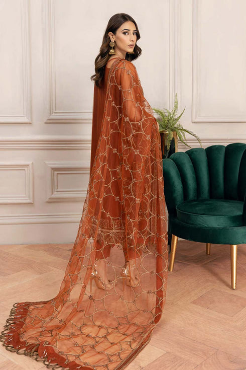 Farasha Embroidered Net 3 Piece suit Cinnamon