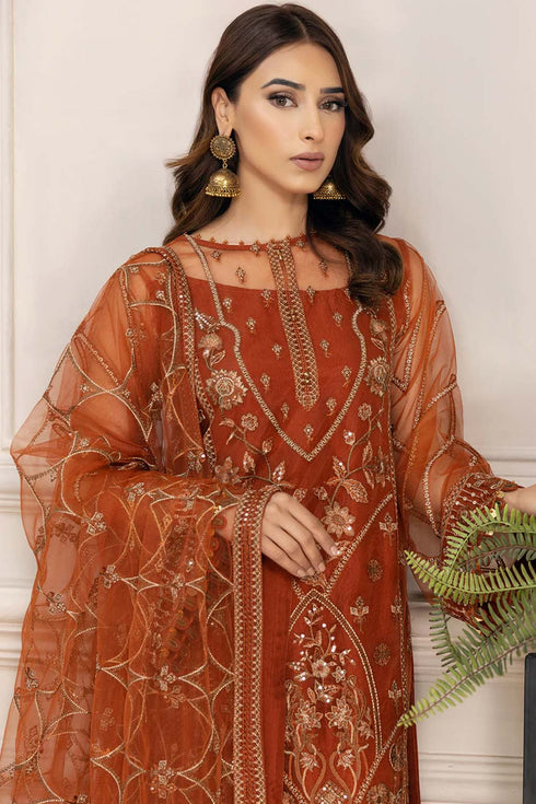 Farasha Embroidered Net 3 Piece suit Cinnamon