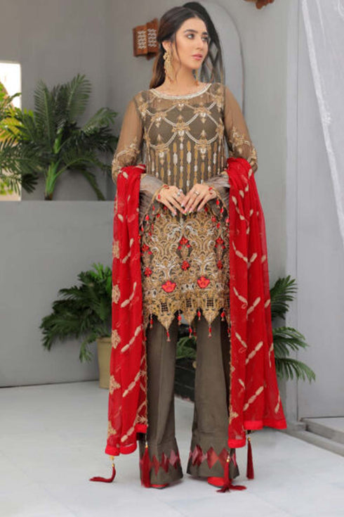 Areesha Embroiderer Chiffon 3 Piece Suit Brown Red
